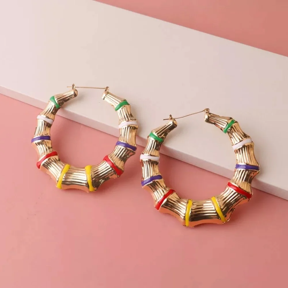 MultiColored Bamboo Door Knocker Earrings Trendy Fashion Jewelry Accessories
